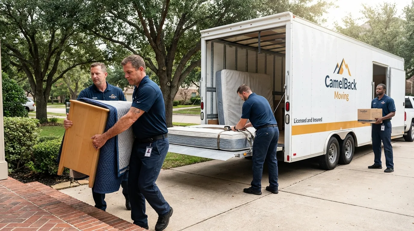 Crew loading residential truck for cross-state move from Hustisford, WI