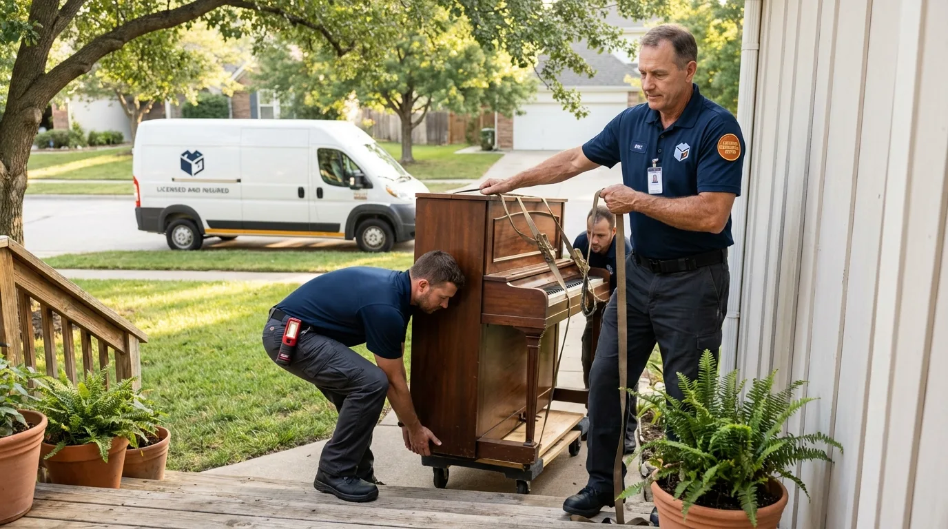Licensed piano movers securing grand piano in Hustisford, WI