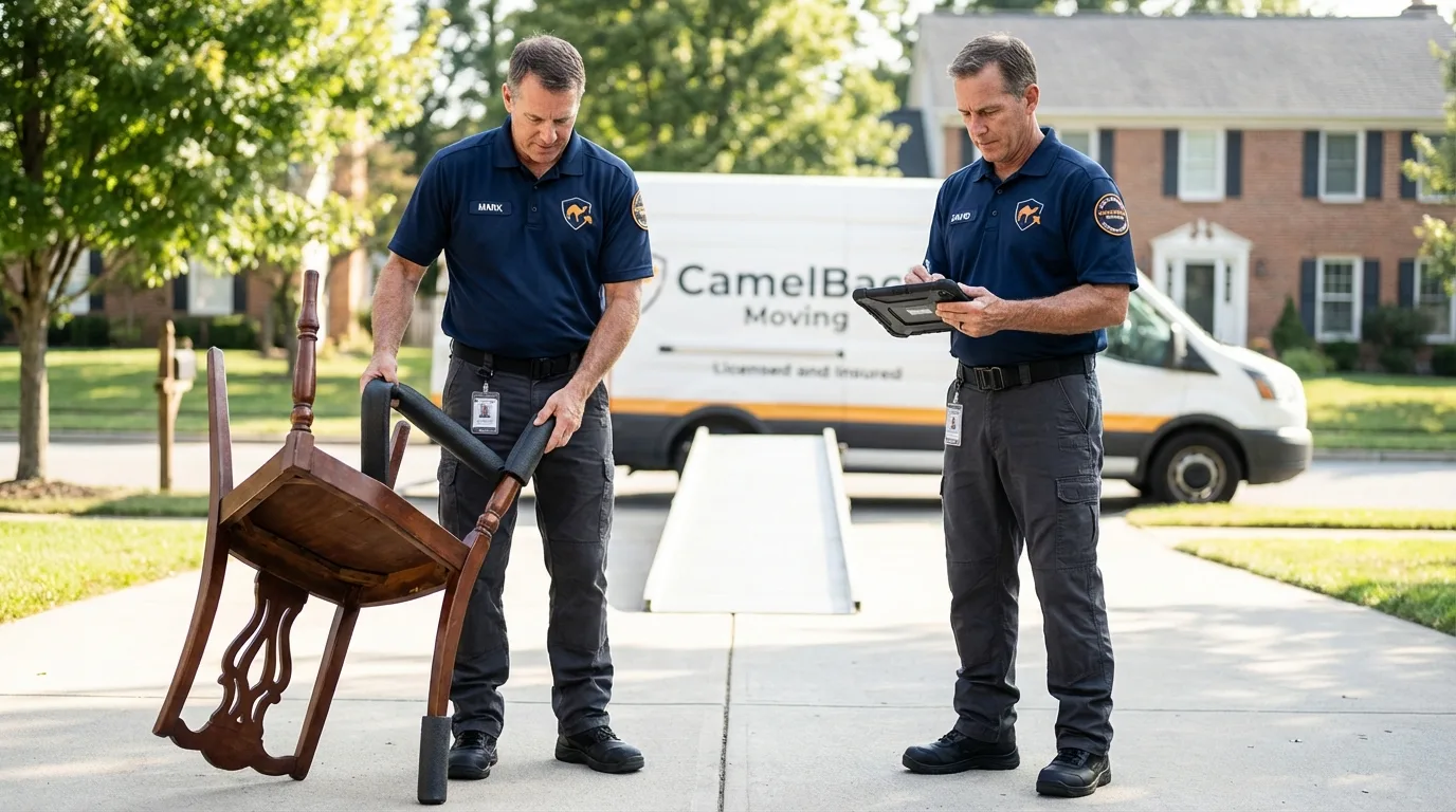 Movers inspecting furniture for damage prevention before loading in Hustisford, WI