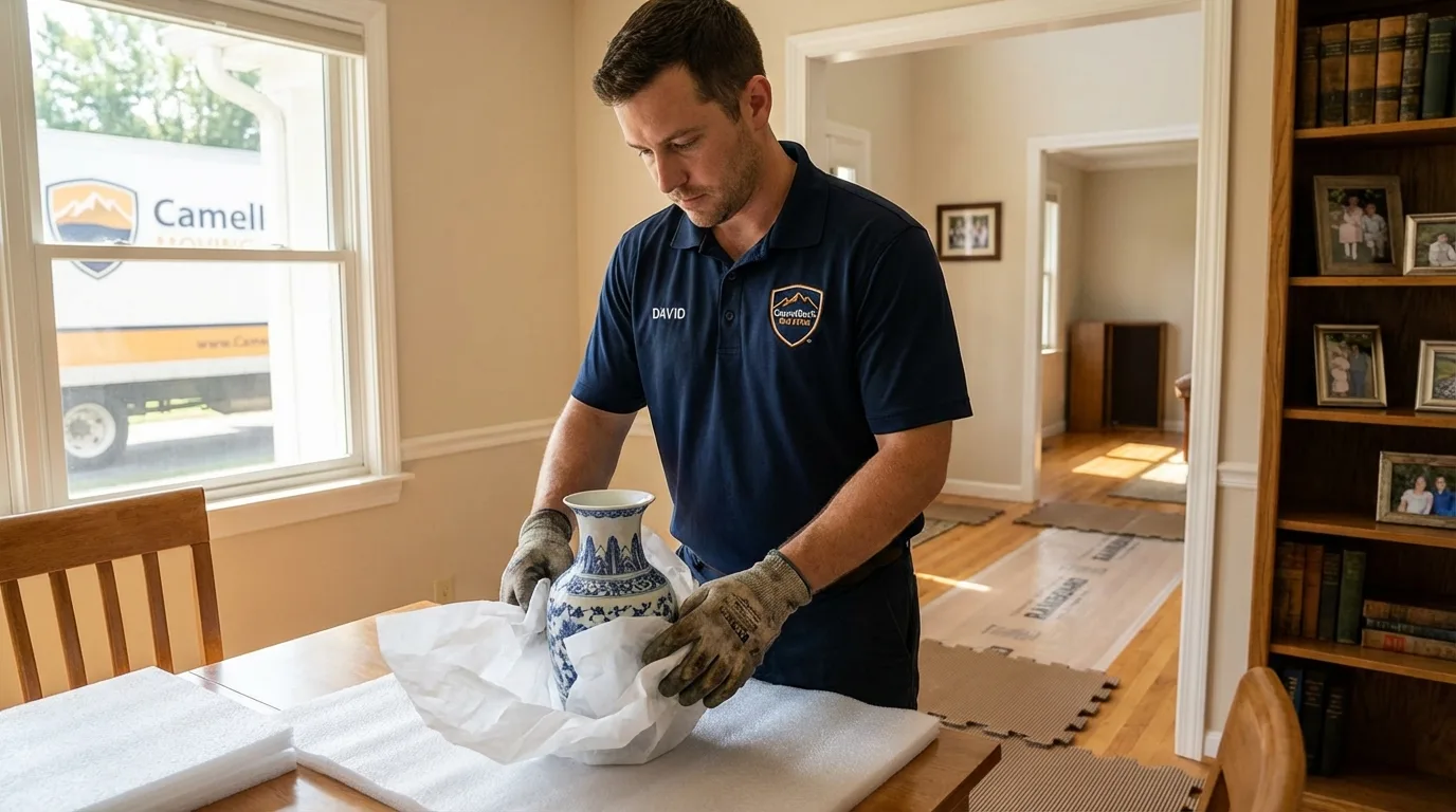Professional crew carefully wrapping antique vase for senior downsizing move in Hustisford, WI