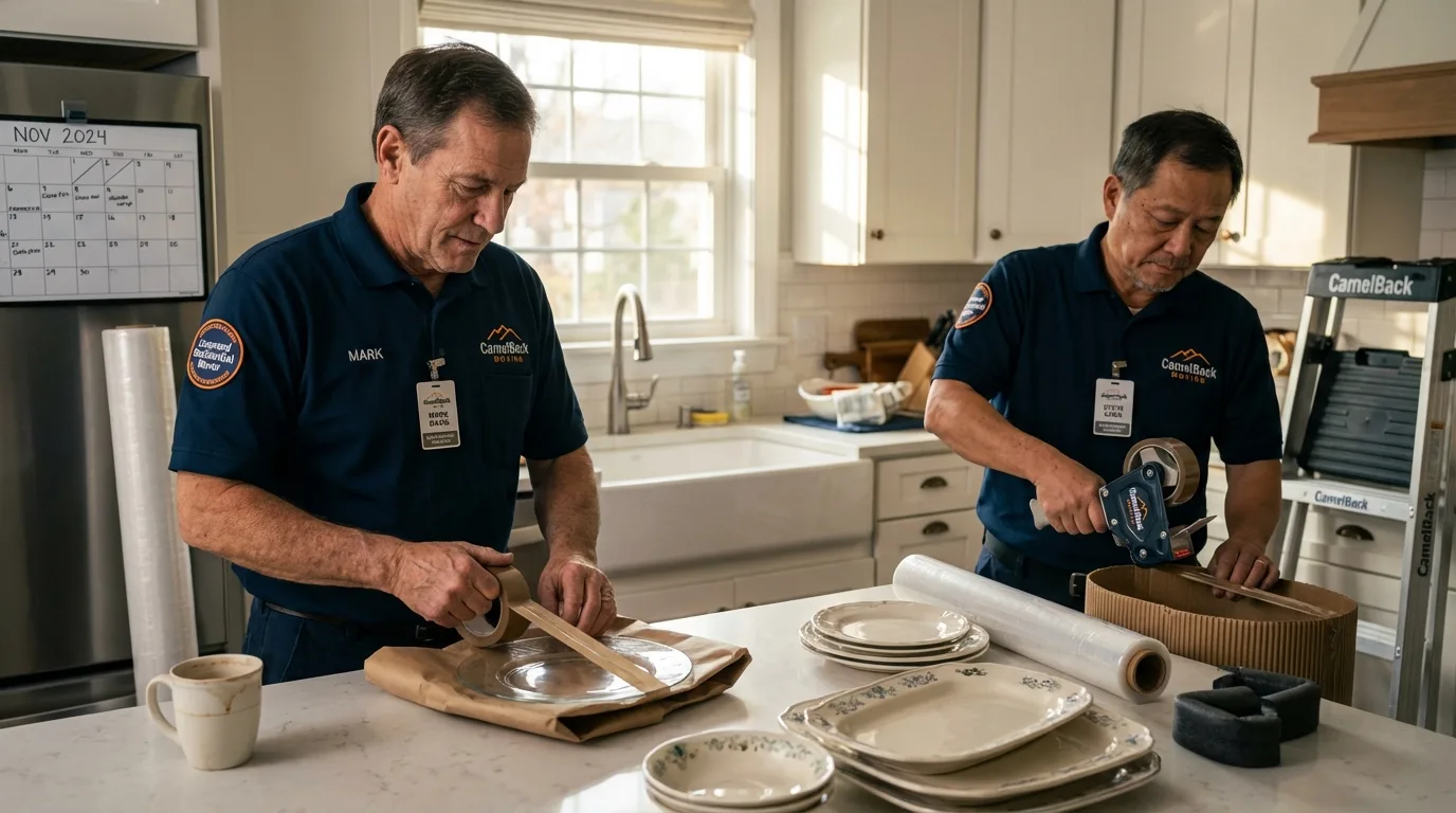 Professional crew packing kitchen dishware in Hustisford, WI